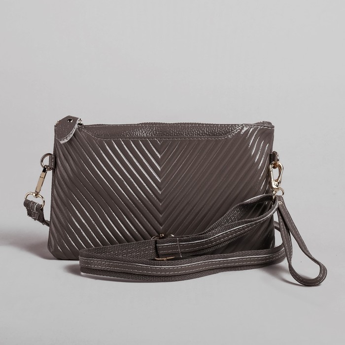 Клатч женский на молнии, 1 отдел с перегородкой, ручка, 2 наружных кармана, длинный ремень, цвет серый