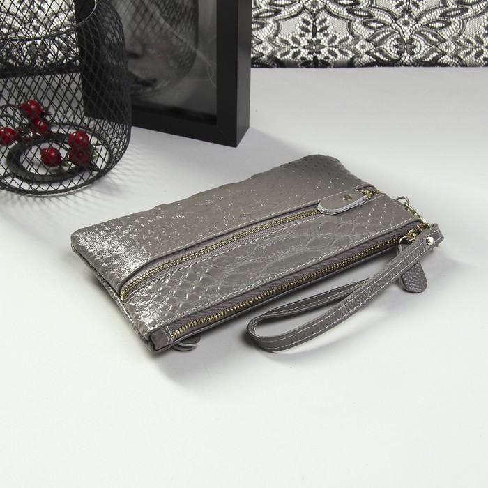 Кошелёк женский на молнии, 1 отдел с перегородкой, 2 наружных кармана, с ручкой, цвет серый