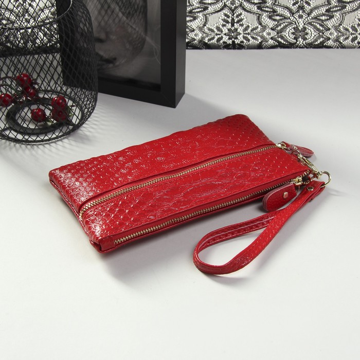 Кошелёк женский на молнии, 1 отдел с перегородкой, 2 наружных кармана, с ручкой, цвет красный