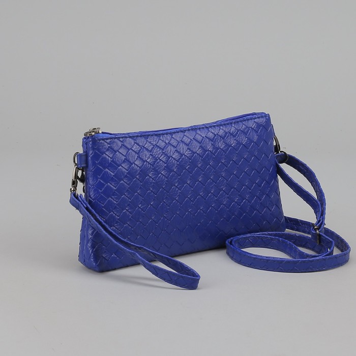 Клатч, плетение, отдел с перегородкой на молнии, ручка, длинный ремень, цвет синий