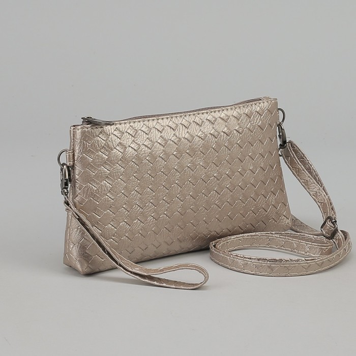 Клатч, плетение, отдел с перегородкой на молнии, ручка, длинный ремень, цвет золотой