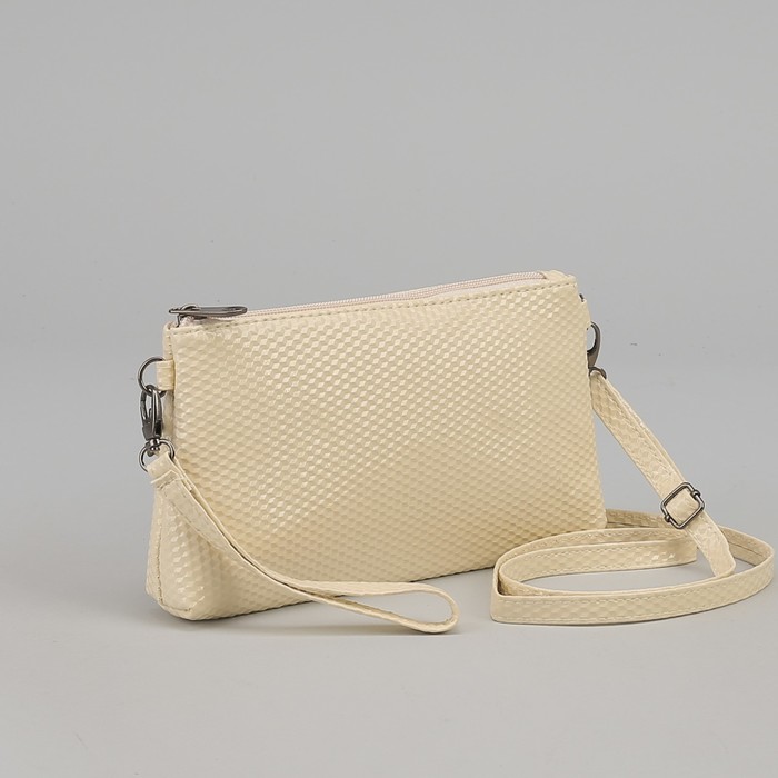 Клатч, 1 отдел с перегородкой на молнии, ручка, длинный ремень, цвет молочный