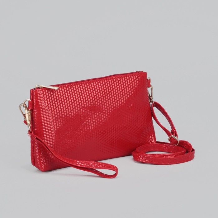 Клатч, 1 отдел с перегородкой на молнии, ручка, длинный ремень, цвет красный