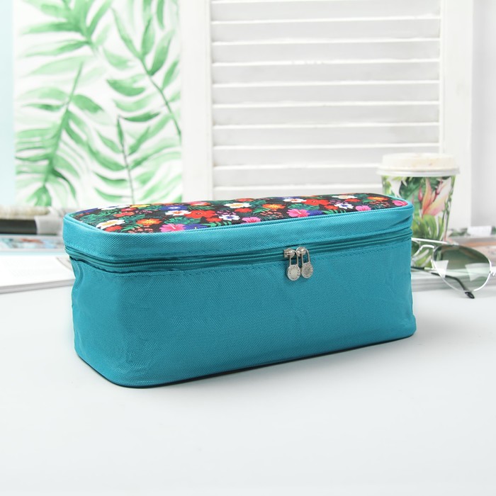 Косметичка дорожная на молнии "Цветы", 1 отдел, с ручкой, цвет голубой