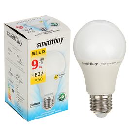 Лампа cветодиодная Smartbuy, A60, E27, 9 Вт, 3000 К, теплый белый свет