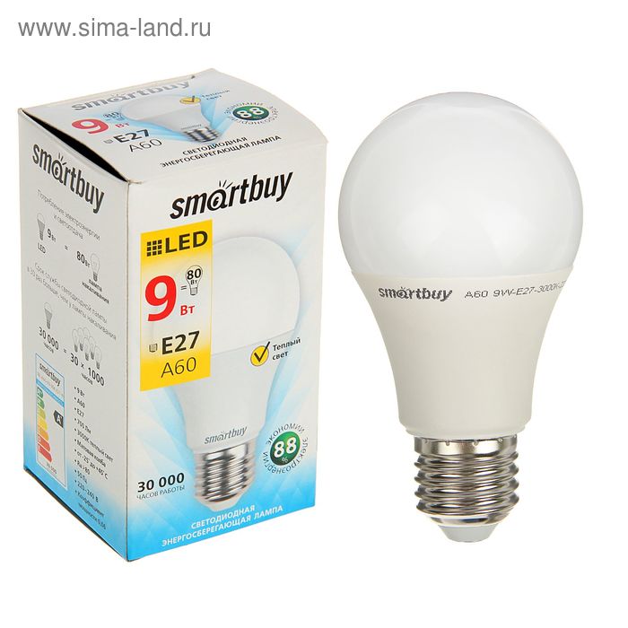Лампа cветодиодная Smartbuy, E27, A60, 9 Вт, 3000 К, теплый белый свет лампа светодиодная e27 5 вт 45 вт шар 3000 к свет теплый белый camelion