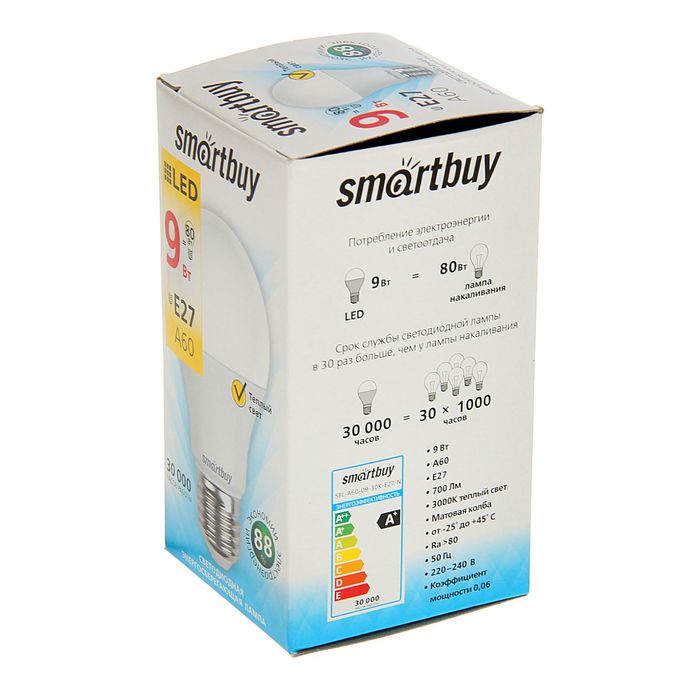 купить Лампа cветодиодная Smartbuy, A60, E27, 9 Вт, 3000 К, теплый белый