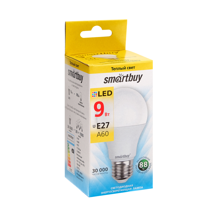 купить Лампа cветодиодная Smartbuy, A60, E27, 9 Вт, 3000 К, теплый белый