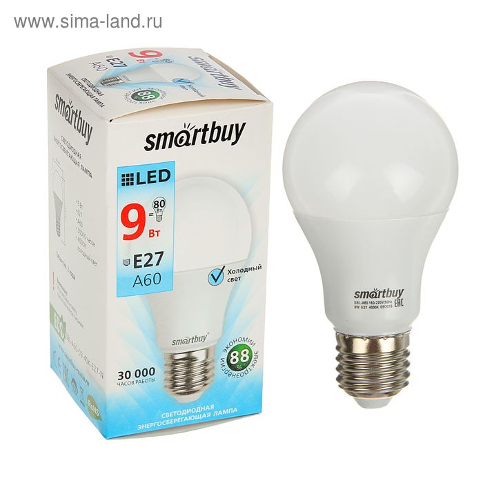 Лампа cветодиодная Smartbuy, E27, A60, 9 Вт, 4000 К, дневной белый свет лампа cветодиодная smartbuy e27 a60 9 вт 3000 к теплый белый свет