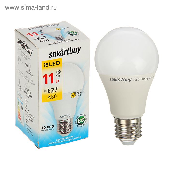 Лампа cветодиодная Smartbuy, A60, E27, 11 Вт, 3000 К, теплый белый свет лампа cветодиодная smartbuy e27 a60 9 вт 3000 к теплый белый свет