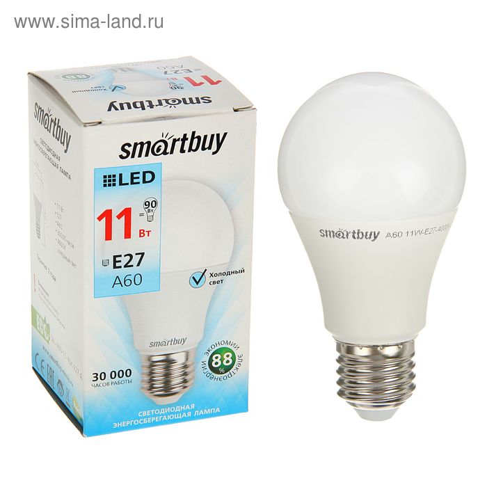 

Лампа cветодиодная Smartbuy, E27, A60, 11 Вт, 4000 К, дневной белый свет