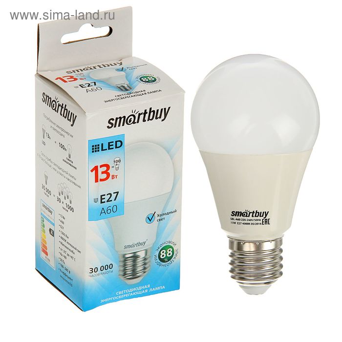 Лампа cветодиодная Smartbuy, E27, A60, 13 Вт, 4000 К, дневной белый свет лампа cветодиодная smartbuy e27 a60 9 вт 3000 к теплый белый свет
