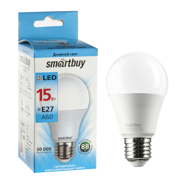 Лампа cветодиодная Smartbuy, E27, A60, 15 Вт, 4000 К, дневной белый свет