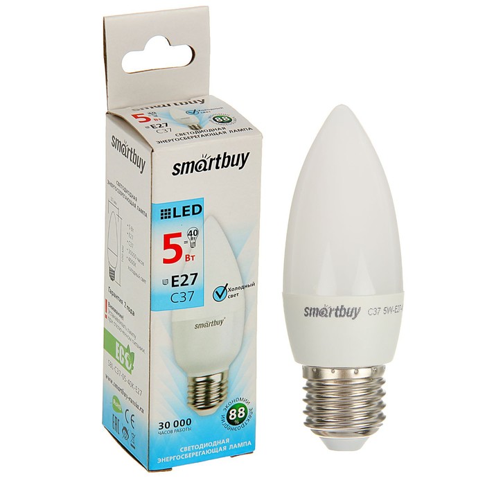 купить Лампа cветодиодная Smartbuy, C37, E27, 5 Вт, 4000 К, холодный белый