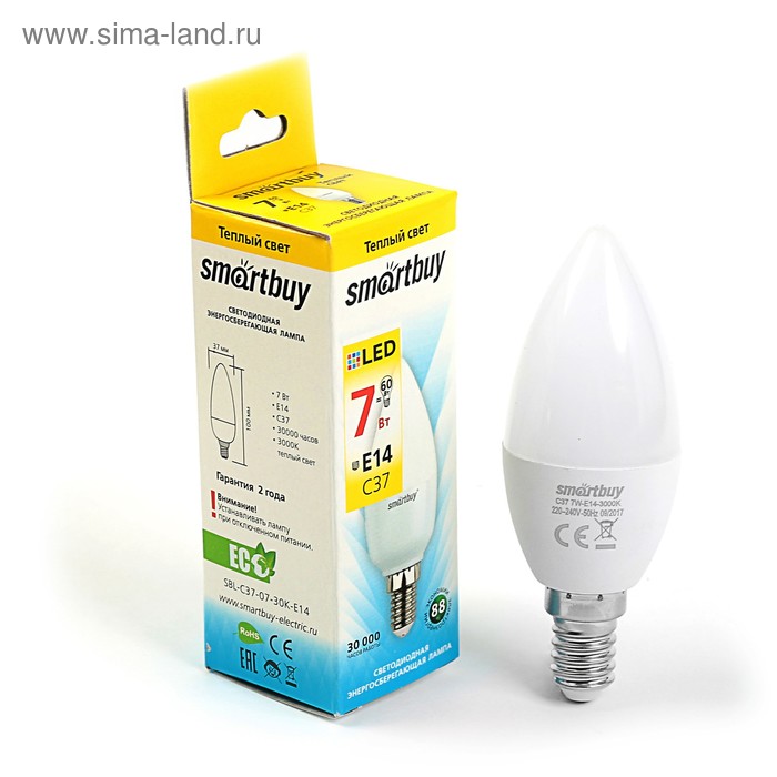 Лампа cветодиодная Smartbuy, C37, 7 Вт, E14, 3000 К, теплый белый лампа cветодиодная smartbuy e27 a60 9 вт 3000 к теплый белый свет