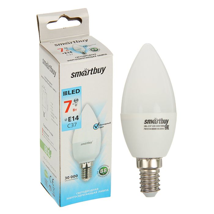 Лампа cветодиодная Smartbuy, E14, C37, 7 Вт, 4000 К, дневной белый свет