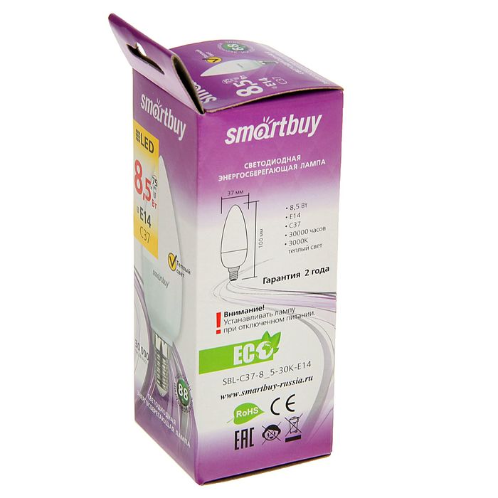 Лампа cветодиодная Smartbuy, C37, E14, 8,5 Вт, 3000 К, теплый белый