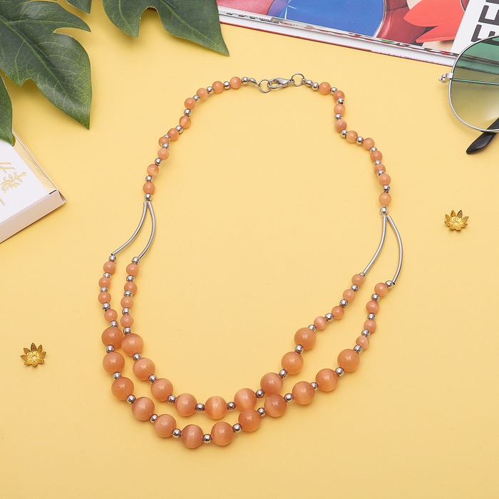 Бусы "Кошачий глаз" 2 яруса, шар с металлом, цвет оранжевый, 60см