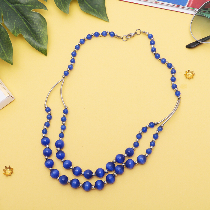 Бусы "Кошачий глаз" 2 яруса, шар с металлом, цвет синий, 60см