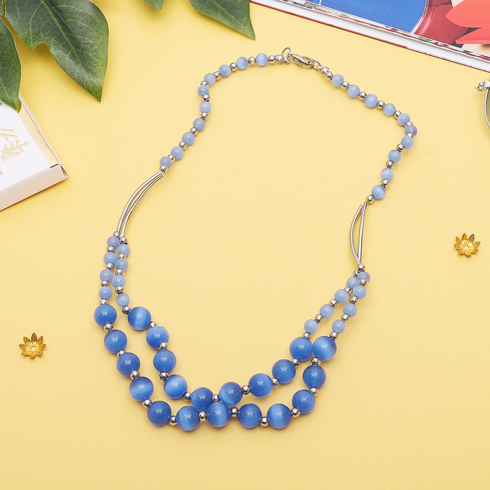 Бусы "Кошачий глаз" 2 яруса, шар с металлом, цвет светло-синий, 60см