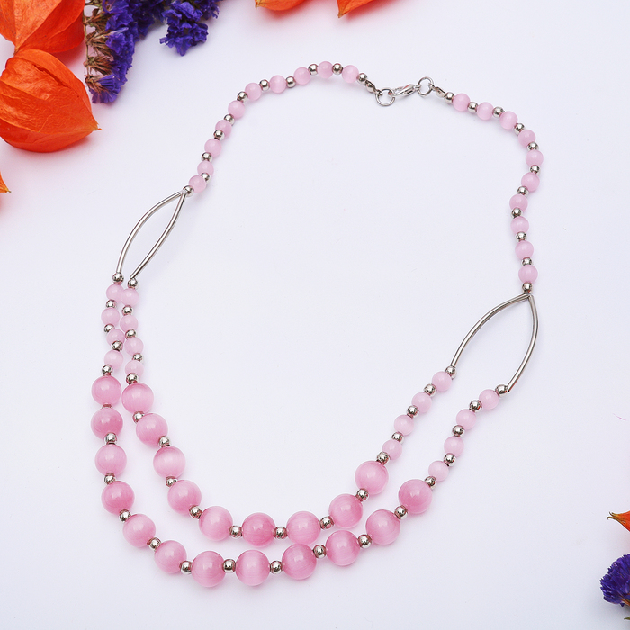 Бусы "Кошачий глаз" 2 яруса, шар с металлом, цвет розовый, 60см