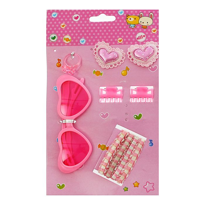 Набор для девочки "Сердечки", 10 предметов: кольцо, очки, 2 краба, 6 резинок