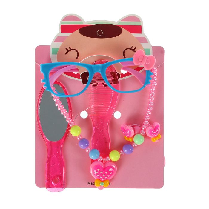 Набор для девочки "Модница", 6 предметов: зеркало, расчёска, очки, бусы, 2 резинки, цвета МИКС