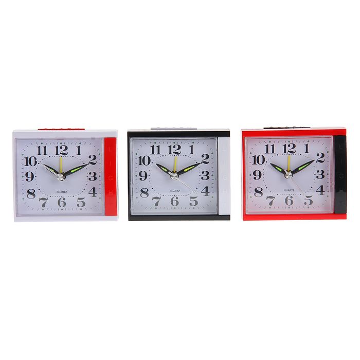 Будильник прямоуг. выпуклый циферблат, полоска справа, стрелки светятся, микс 5,5*8,5см