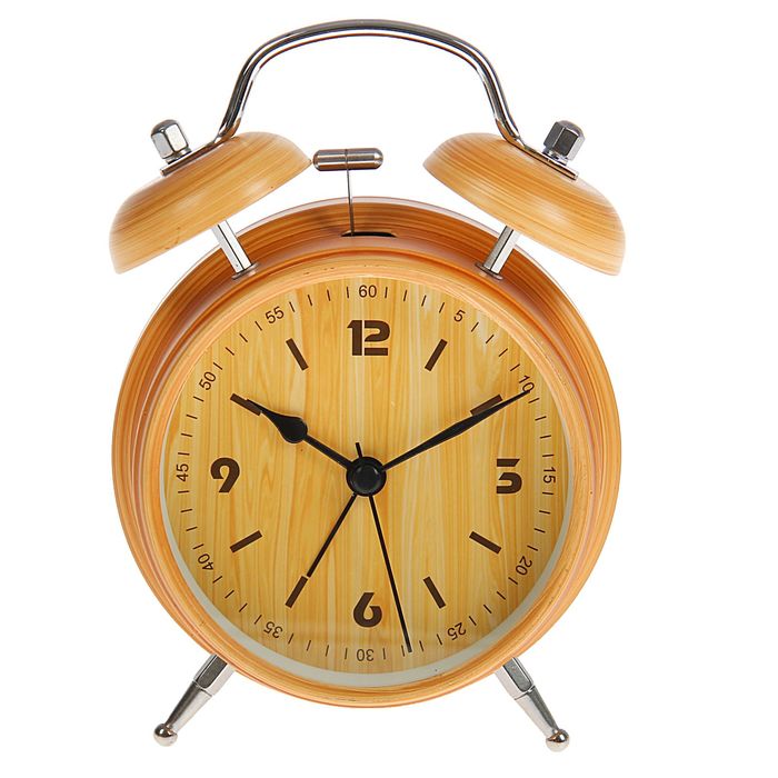 Будильник d=11,5см, коричневый под старину, на циферблате структура дерева, риски