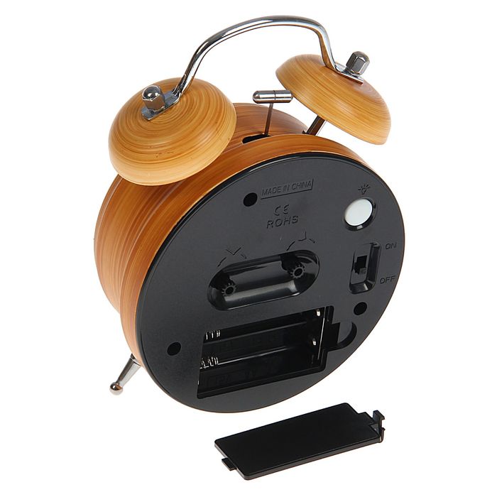 Будильник d=11,5см, коричневый под старину, на циферблате структура дерева, риски