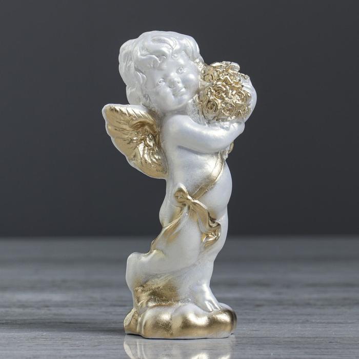 Статуэтка "Ангел с букетом" перламутровая, с золотом, 6х6х12,5 см