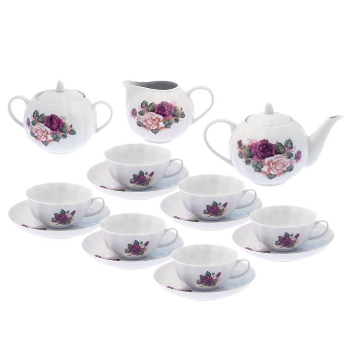 Сервиз чайный "Тюльпан. Любава", 15 предметов: чайник 750 мл, сахарница 600 мл, сливочник 300 мл, 6 чашек 220 мл, 6 блюдец 15 см