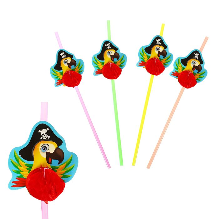 Трубочки гофре для коктейля "Пиратский попугай", (набор 6 шт.)