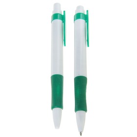 Ручка шариковая, автоматическая, корпус белый с зелёным резиновым держателем, стержень синий