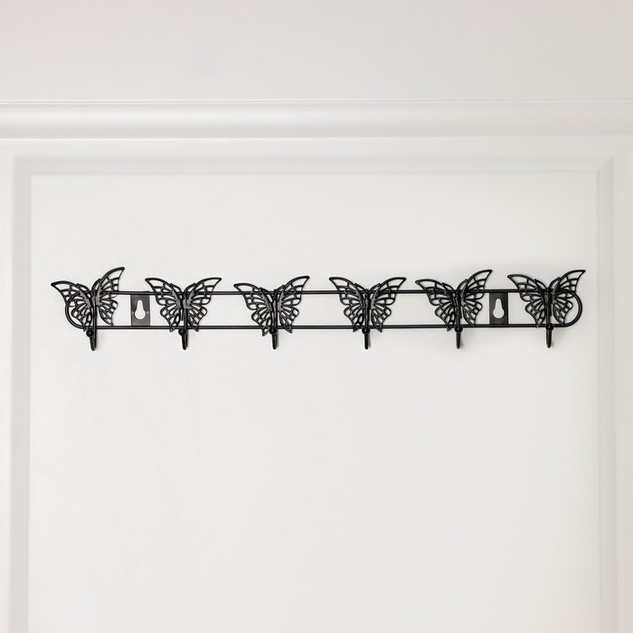 Вешалка настенная на 6 крючков Доляна «Бабочки», 41,5×7,5×3,5 см, цвет чёрный