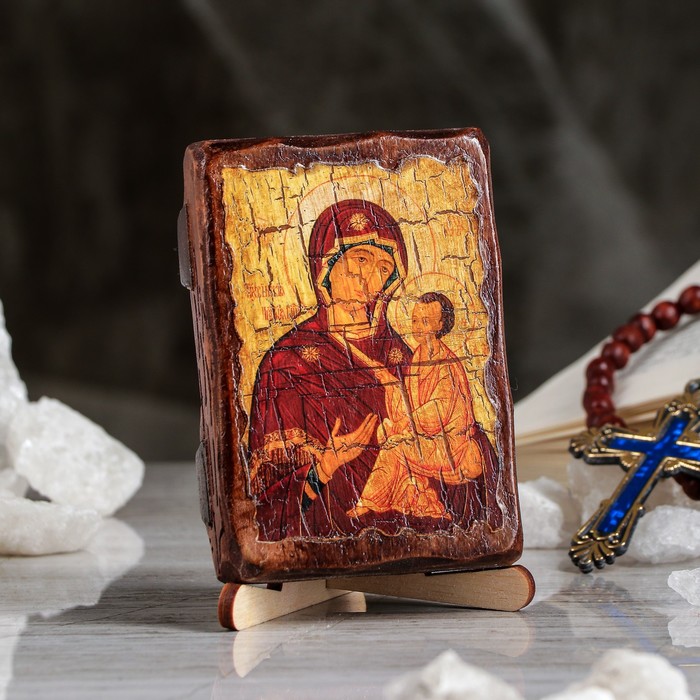 Икона под старину карманная "Тихвинская Пресвятая Богородица", 7х10 см