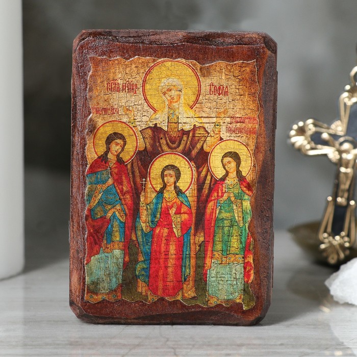 Икона под старину карманная "Вера, Надежда, Любовь", 7х10 см