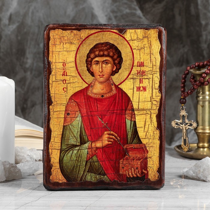 Икона под старину "Пантелеимон", 17х23 см