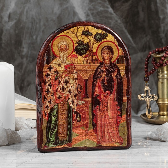 Икона под старину "Киприан и Иустиния", 17х23 см, арка