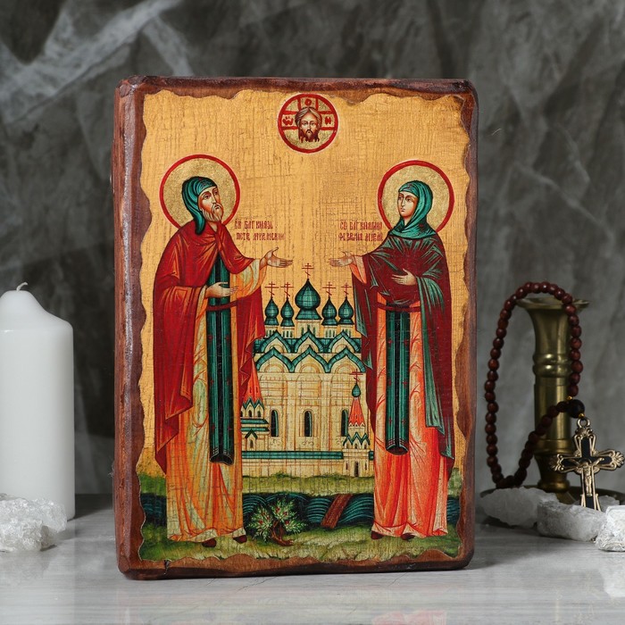 Икона под старину "Петр и Феврония", 28х21 см