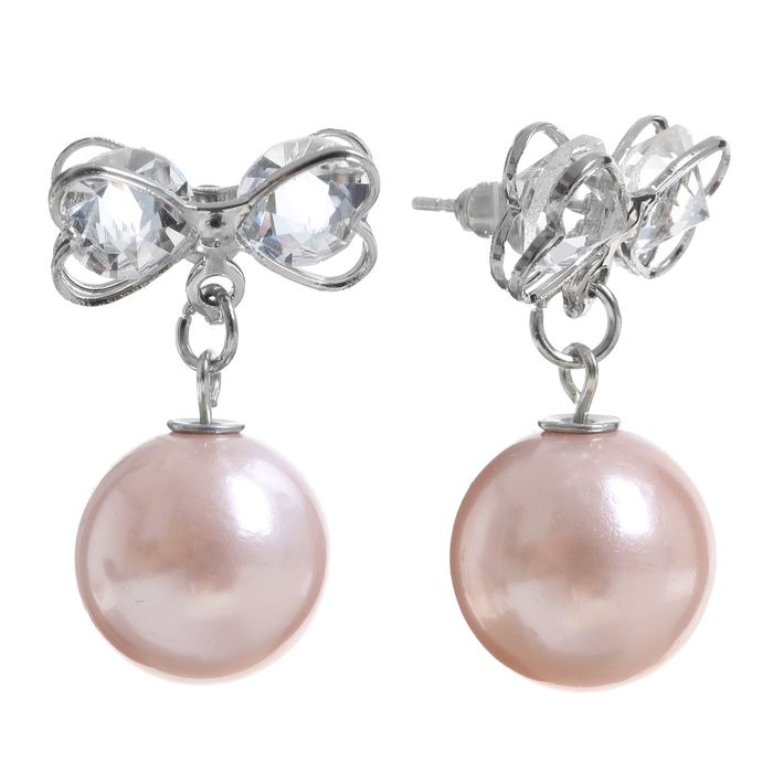 Серьги с жемчугом "Бантик" с бусиной, цвет светло-розовый в серебре