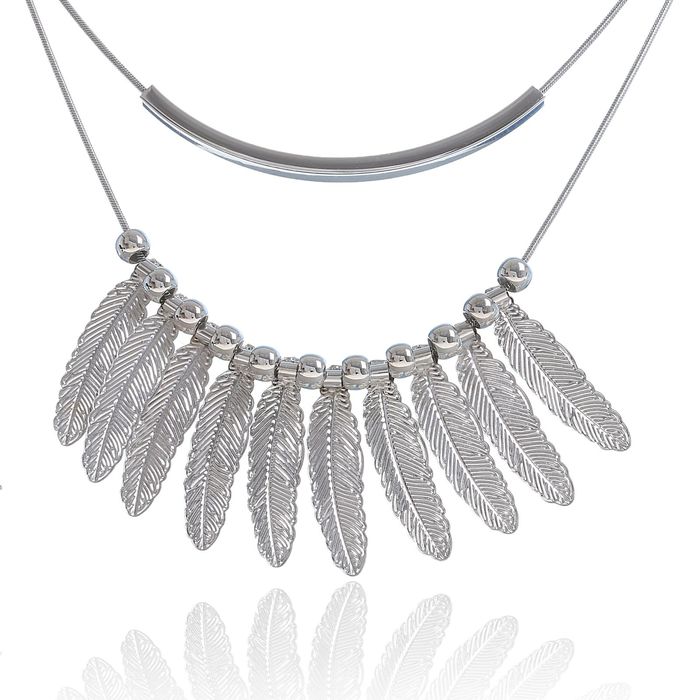 Колье "Перья" двойное, цвет серебро