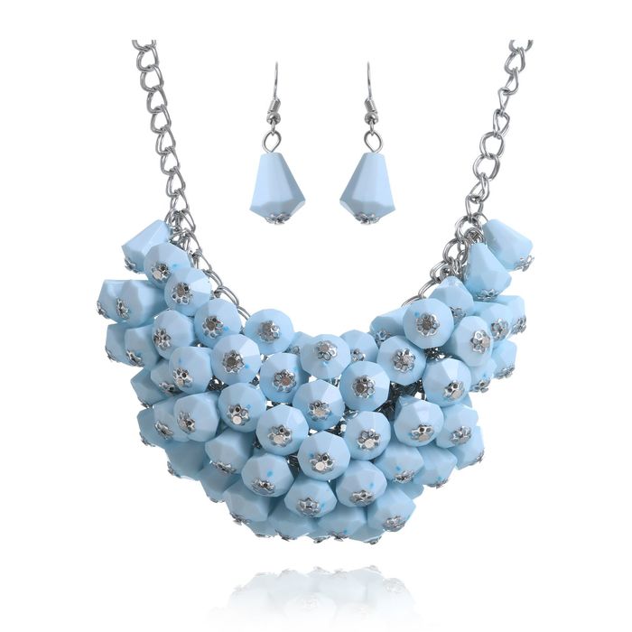Набор 2 предмета: серьги, колье "Каскад" роскошь, цвет голубой в серебре