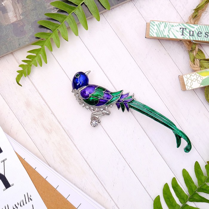 Брошь "Птичка с длинным хвостом", цветная в серебре