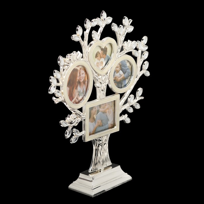 Фоторамка мет. на 4 фото 6х5см 4,5х4,5см "Дерево с кристальными листьями"серебро 26х20х5см