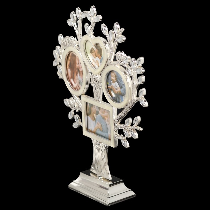 Фоторамка мет. на 4 фото 6х5см 4,5х4,5см "Дерево с кристальными листьями"серебро 26х20х5см