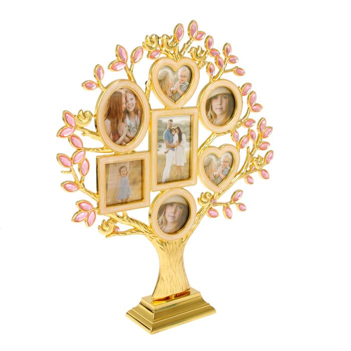 Фоторамка мет. на 7 фот.5х7см,5х5см,5х4,5см,6х4,7см"Семейное древо"с розов. лист. 31х26х5см