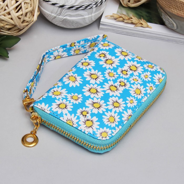 Кошелёк женский на молнии, 2 отдела, для монет, для карт, с ручкой, цвет голубой