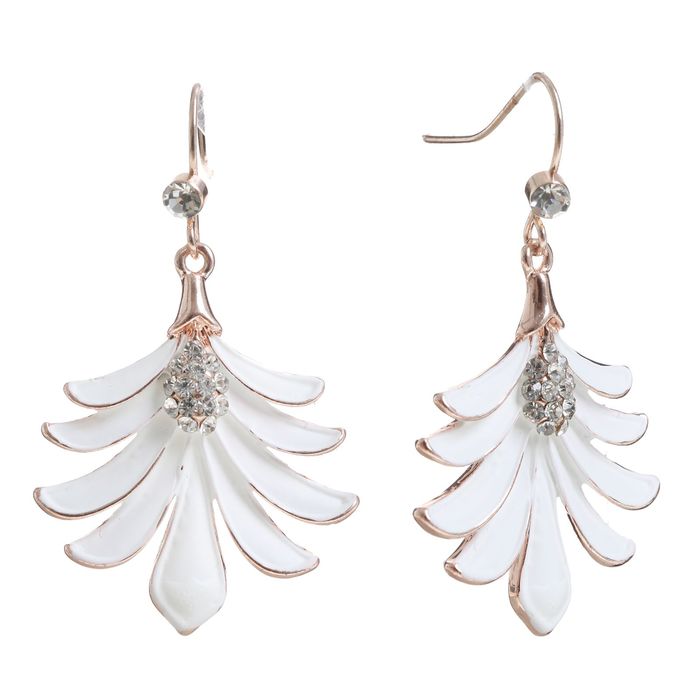 Серьги эмаль "Веер" листьев, цвет белый в золоте