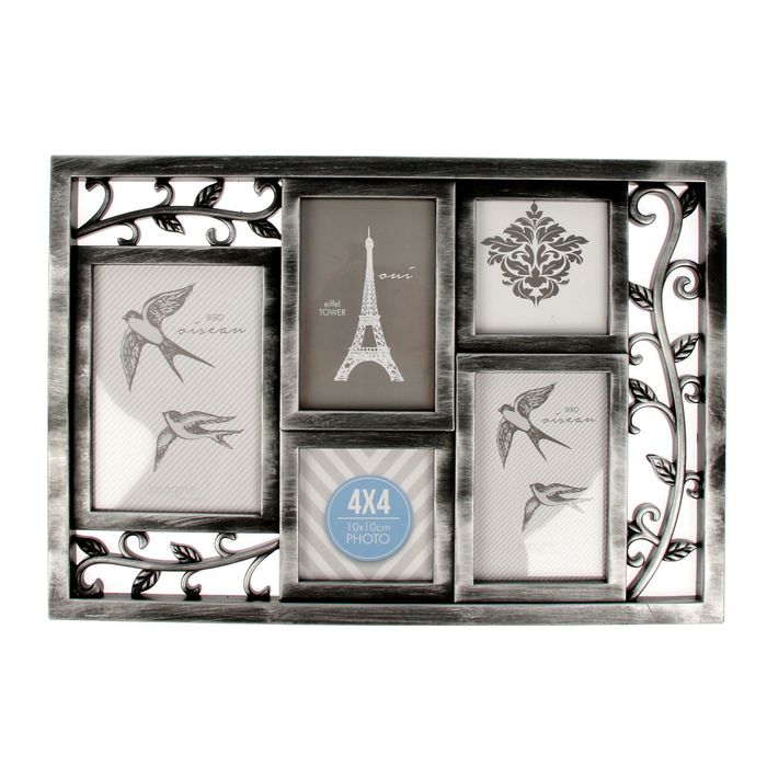 Фоторамка пластик на 5 фото 10х10 см 10х15 см 13х18 см "Флора" серебро 31х45,5 см